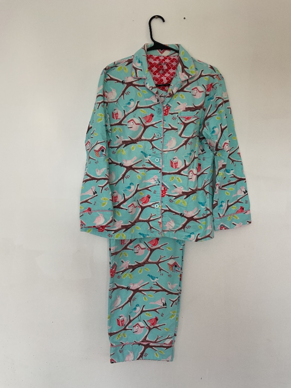 Nick & Nora Winter Bird House Print Flannel Pajama Set 100% Cotton Size Medium